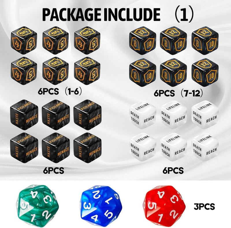 Ravonixis 63 PCS MTG Dice Set with Shield Life Counter (1–12), Keyword Ability Counters, +1/-1 Stat Modifier Dice in 6 Colors, D20 & Storage Bag - Image 4